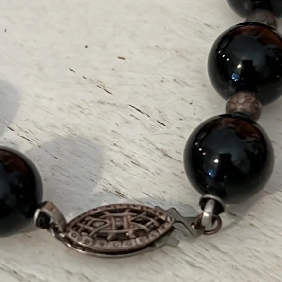 Antique Native American Sterling silver black onyx graduated bead necklace